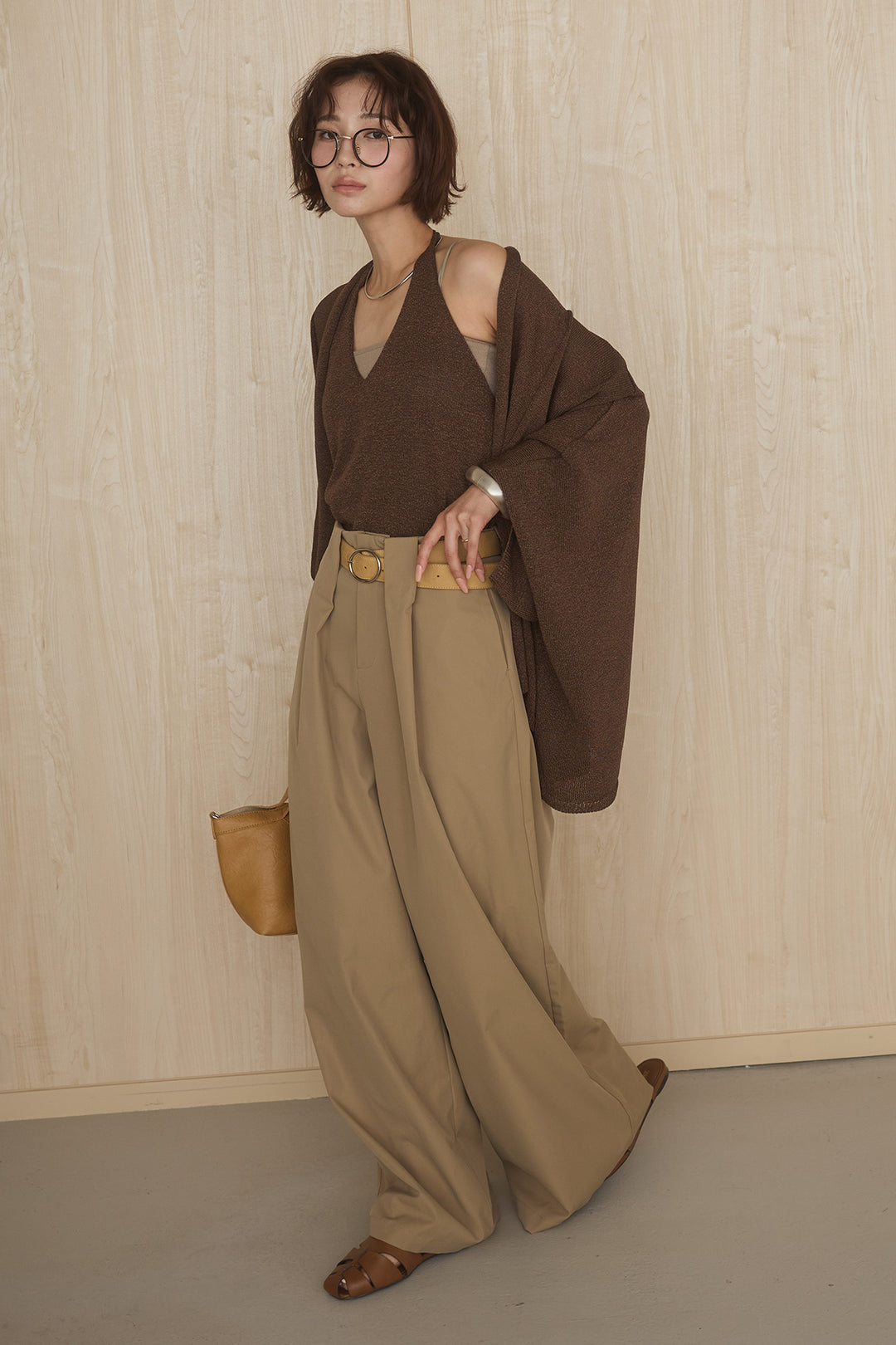 [SET]オーバードルマンカーディガン+ホルターネックインナー+ベルトループデザインハイウエストタックパンツ(3set)