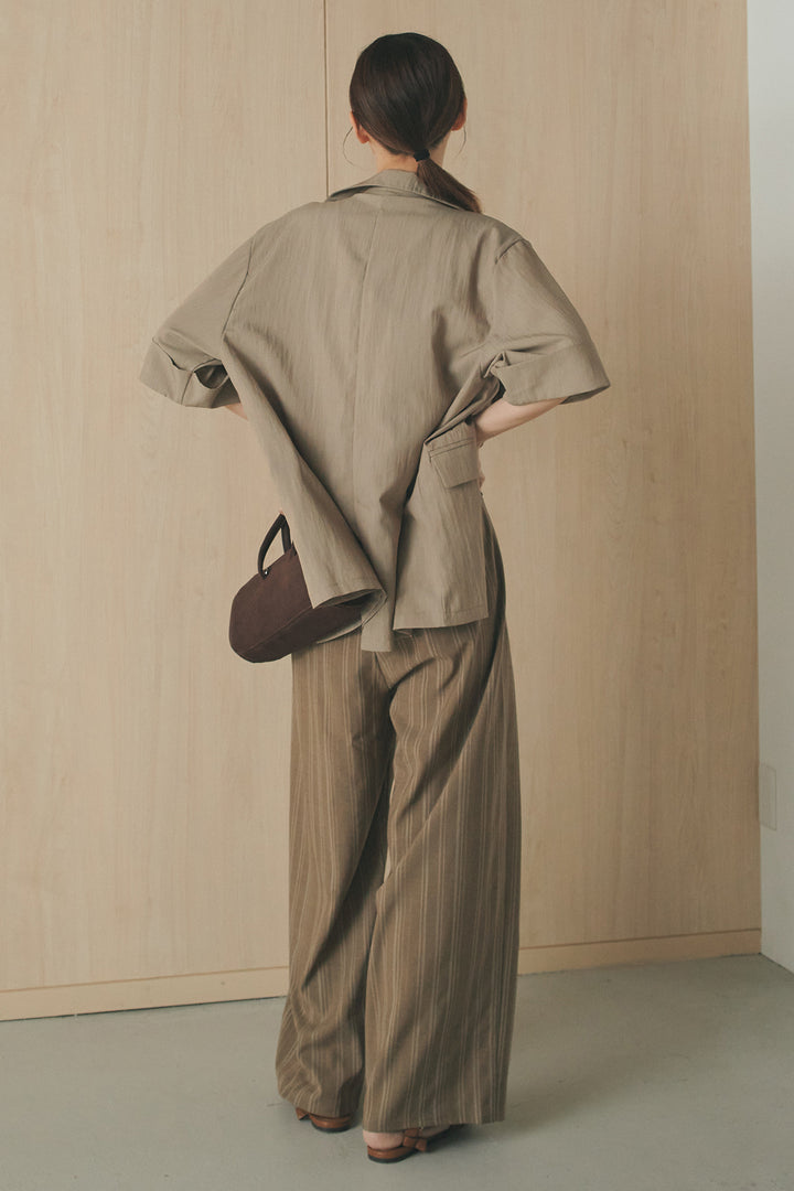 [SET]リネンライクテーラードハーフスリーブジャケット+リネンストライプタックワイドパンツ+リネンストライプレイヤードキャミ(3set)