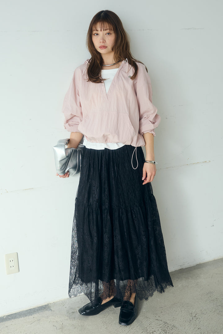 [SET]レイヤードデザインフーディートップス+ひげレース切替ロング丈スカート(2set)