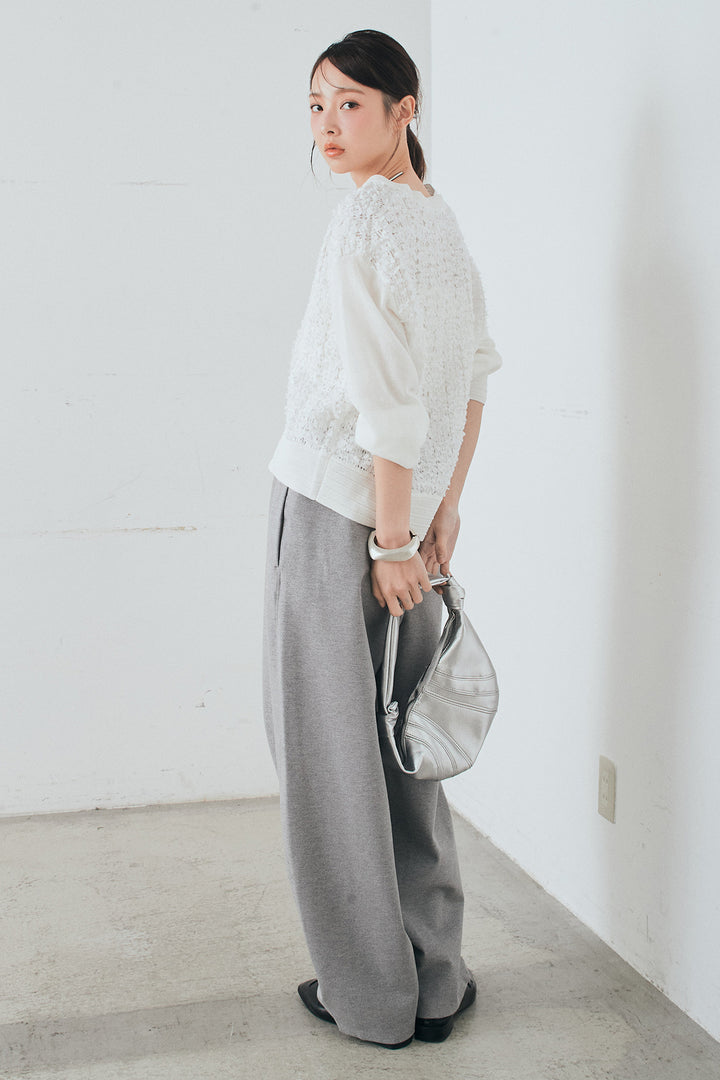 [SET]モコレースVネックカーディガン+カットダンボールウエストフリルカーブパンツ(2set)