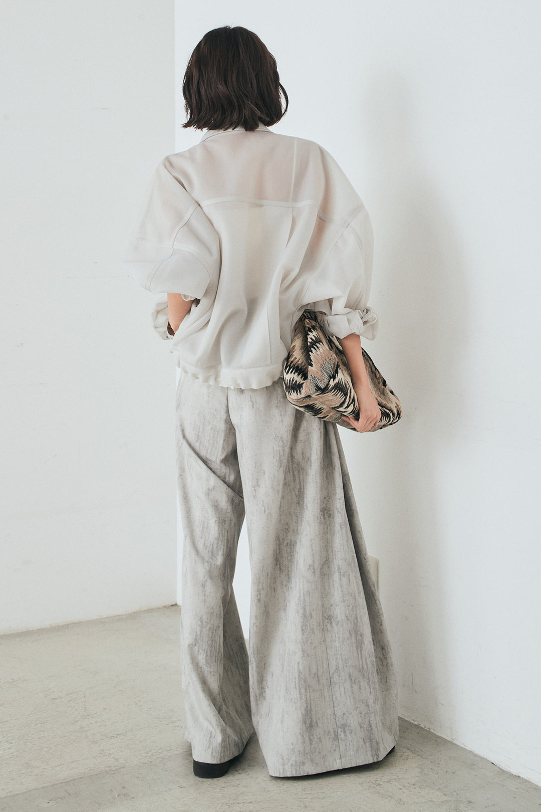 [SET]シアーダンボールサイドドロストジャケット+紐ベルト付きかすれ柄ワイドスラックス(2set)