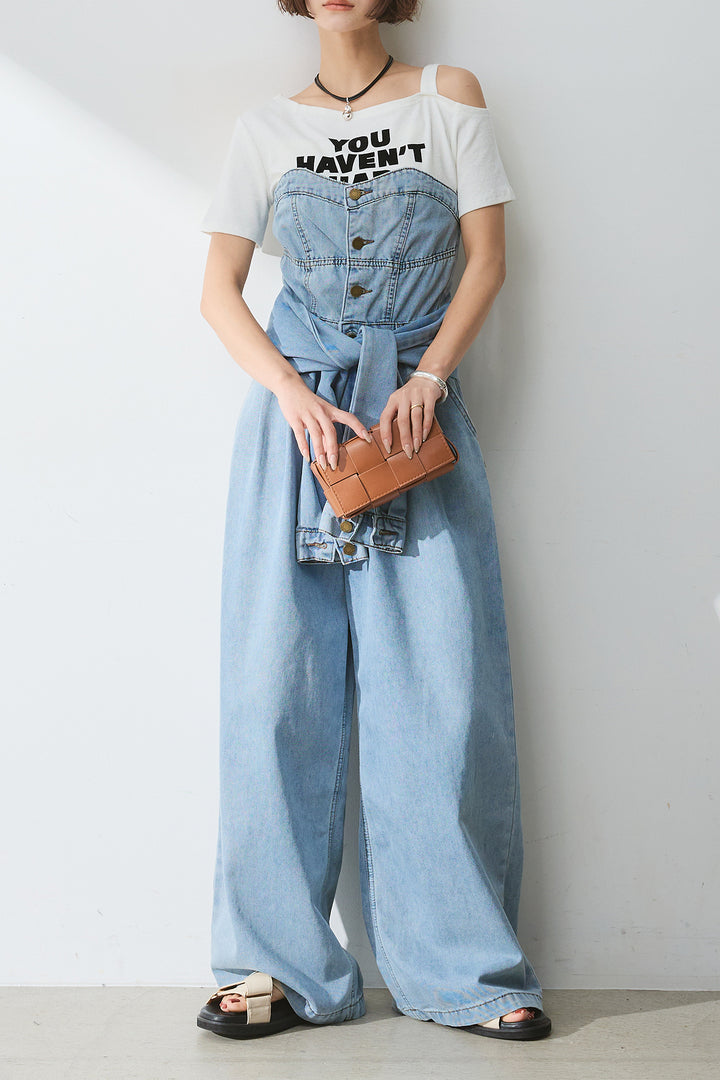 [SET]テキストロゴワンショルTシャツ+2WAYデニムベアサロペット(2set)