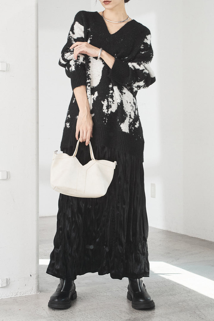 [SET]アブストラクト柄ニットプルオーバー+ベロアロングプリーツスカート(2set)