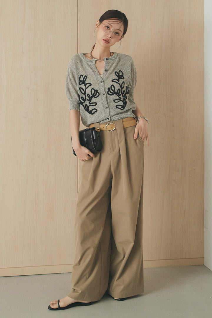 [SET]フロントテープデザイン半袖カーディガン+ベルトループデザインハイウエストタックパンツ(2set)