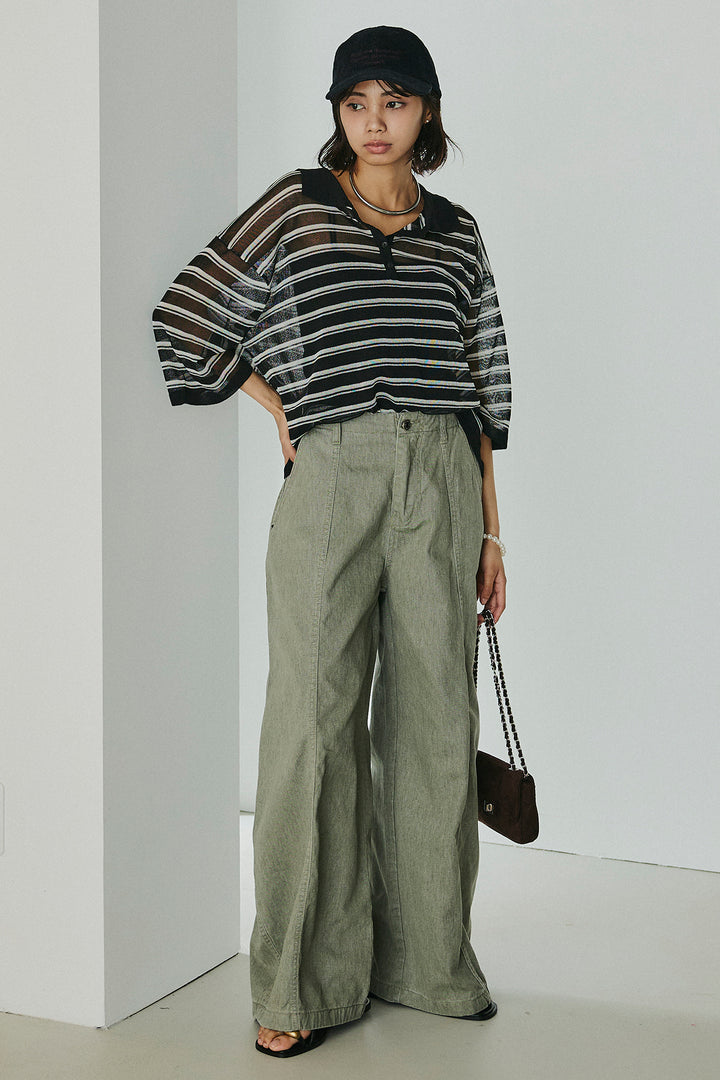 [SET]ボーダーニットポロシャツ+サイドベルトカーブワイドパンツ(2set)