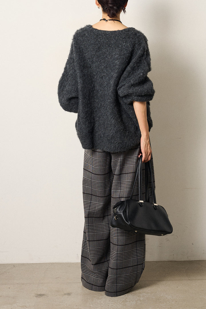 [SET]ウール混透かしロゴニットカーディガン+グレンチェックルーズタックパンツ(2set)