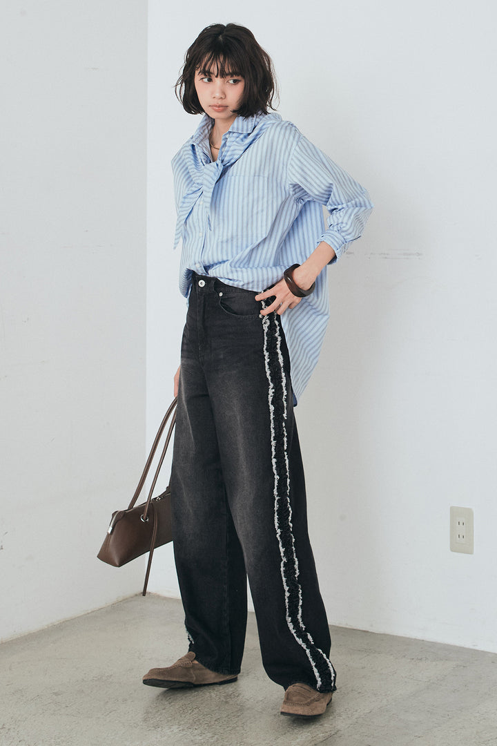 [SET]ランダムストライプスカーフ付きシャツ+デニムサイドフリルパンツ(2set)