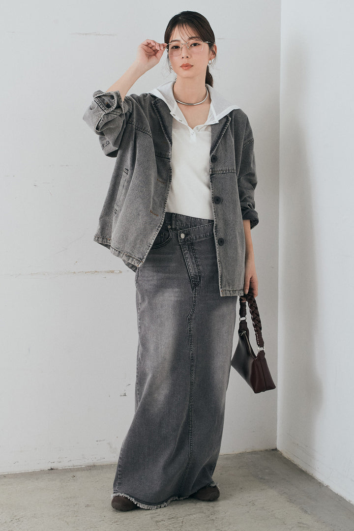 [SET]オーバーデニムジャケット+ウエストクロスデニムタイトスカート+シアーリブフーディプルオーバー(3set)