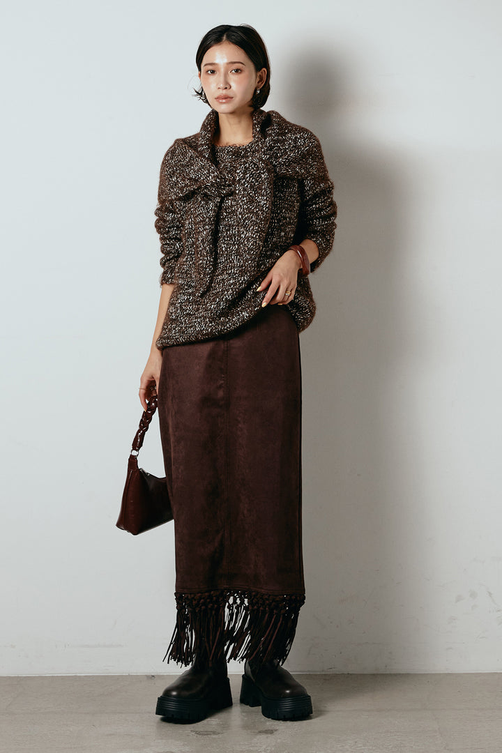 [SET]スカーフ付きミックスニットトップス+スウェードライク裾フリンジスカート(2set)
