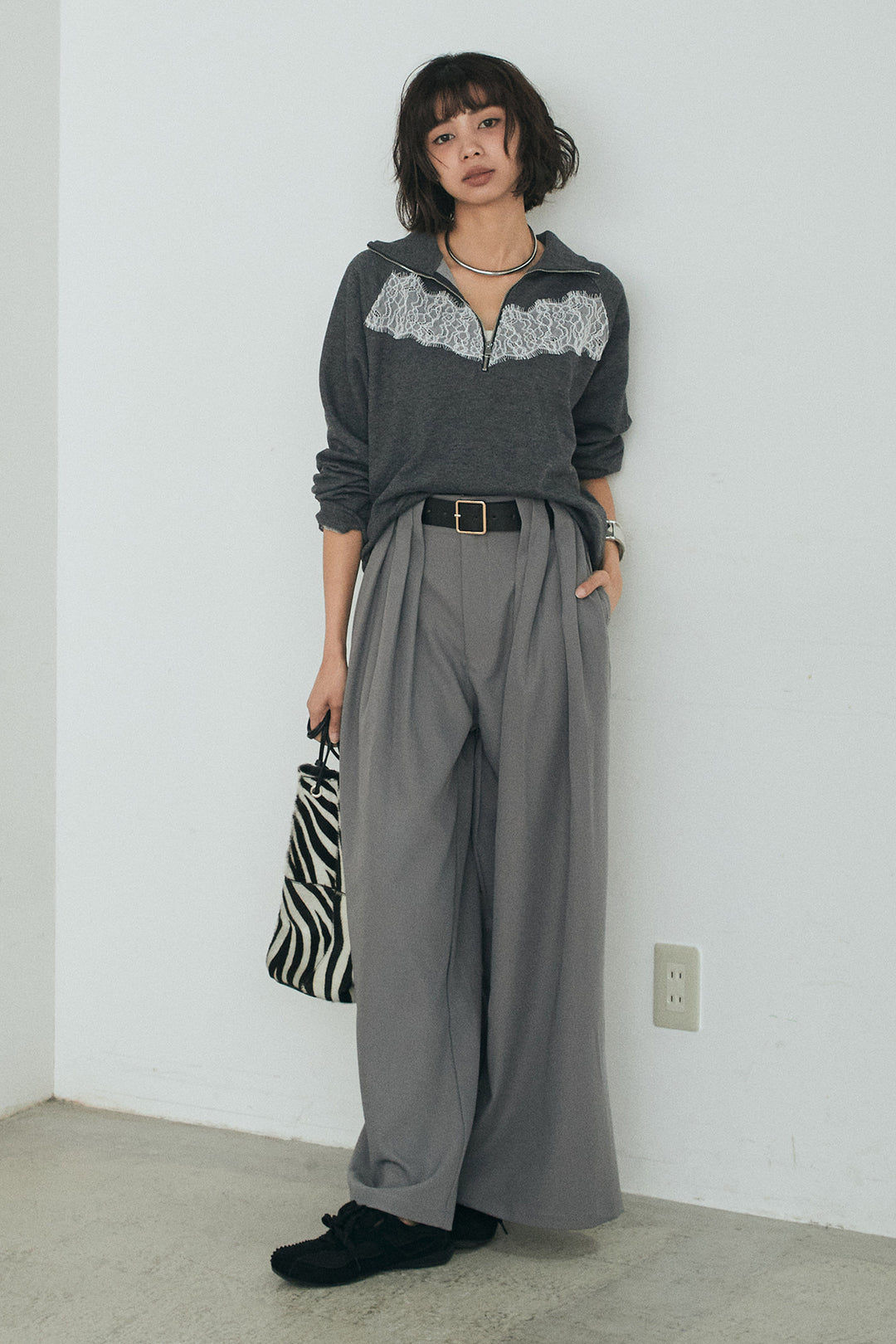 [SET]リバーレースハーフジップ裏毛スウェット+ベルト付きタックデザインハイウエストロングパンツ(2set)