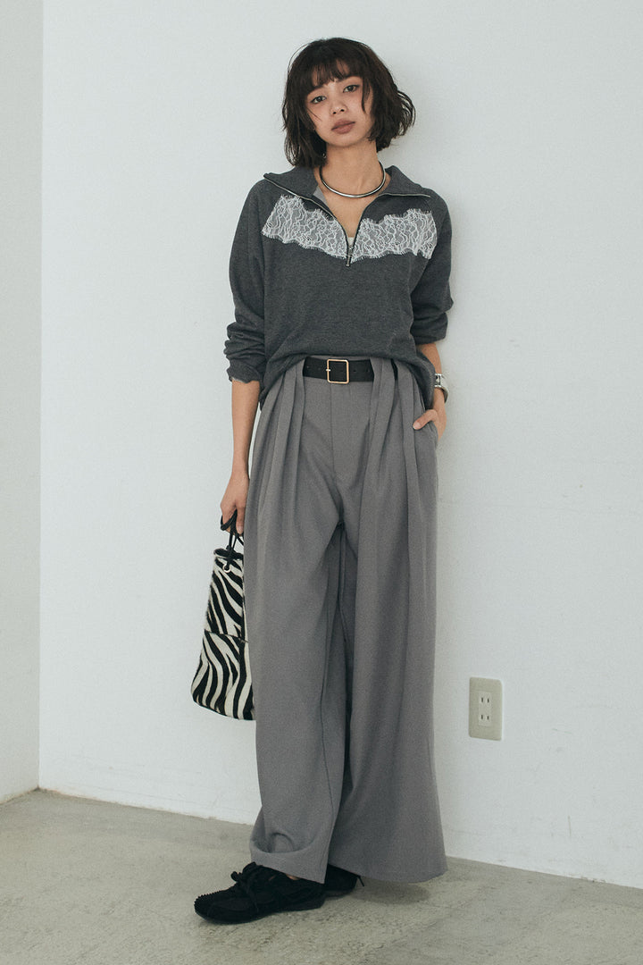 [SET]リバーレースハーフジップ裏毛スウェット+ベルト付きタックデザインハイウエストロングパンツ(2set)