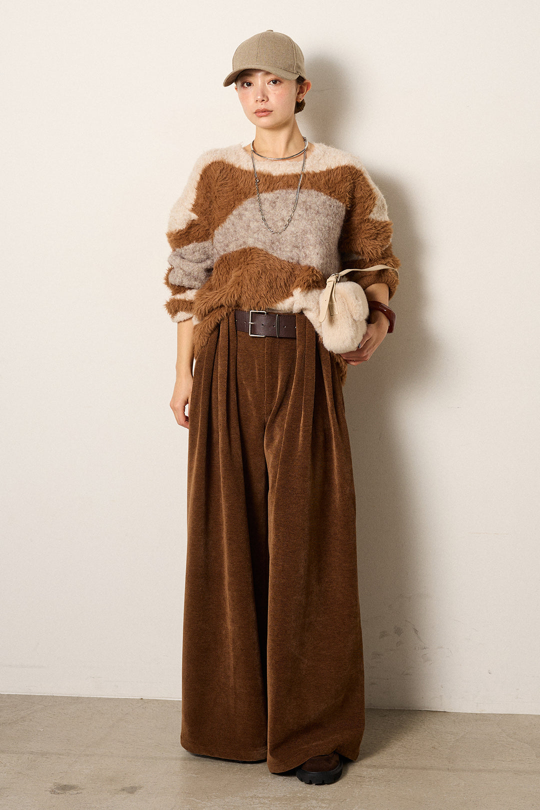 [SET]シャギーウェーブ柄クルーネックニットトップス+ベルトループコーデュロイワイドパンツ(2set)