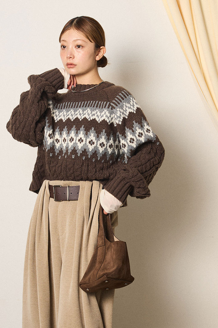 [SET]2WAY求心柄ジャガードショートカーディガン+2WAY袖コード刺繍クルーネックプルオーバー(2set)