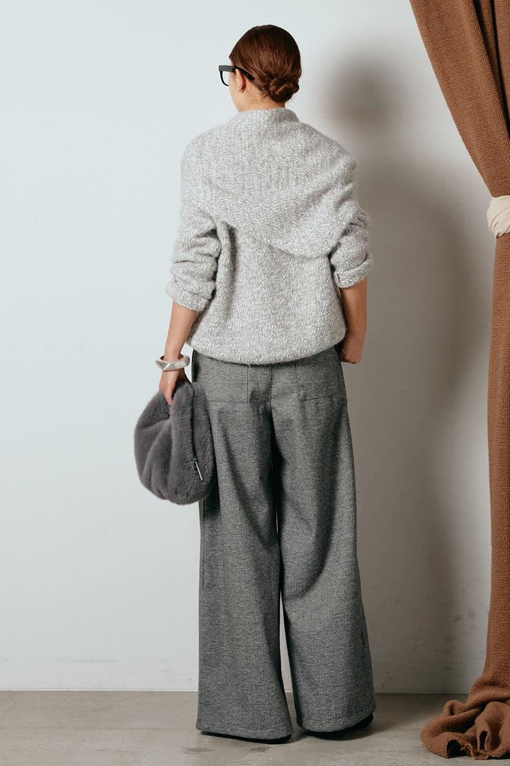 [SET]スカーフ付きミックスニットトップス+細ベルト付き起毛タックワイドパンツ(2set)