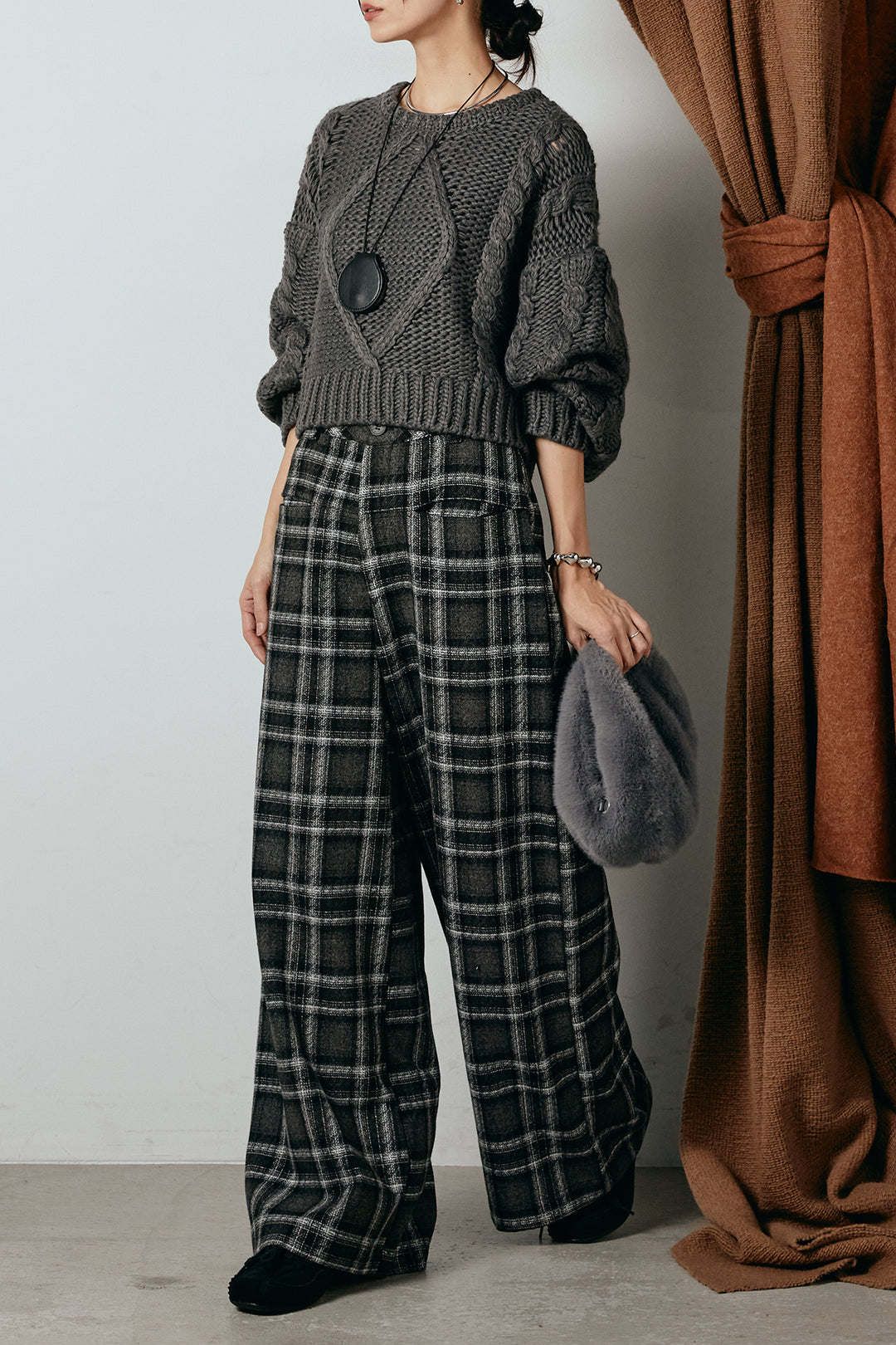 [SET]ロービングケーブルショート丈プルオーバー+ルーズタータンチェックワイドパンツ(2set)