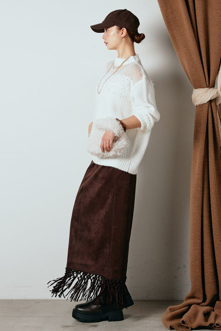 [SET]パターンランダム編みニットトップス+スウェードライク裾フリンジスカート(2set)