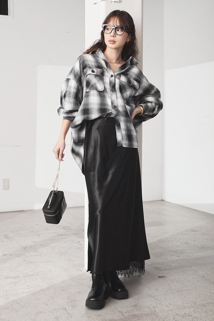 [SET]オンブレーチェックビッグシルエットCPOシャツ+裾レースデザインサテンスカート(2set)