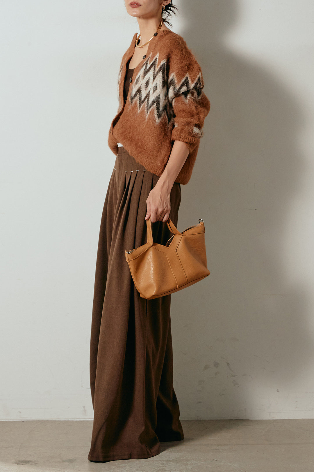 [SET]起毛ノルディック柄ニットカーディガン+ウエストステッチデザインワイドスラックス(2set)