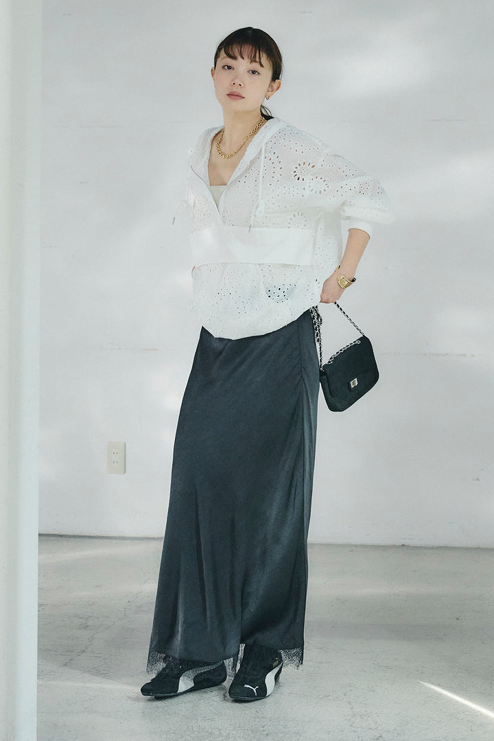 [SET]レースハーフジップアップフーディー+バイアスナローサテンスカート(2set)