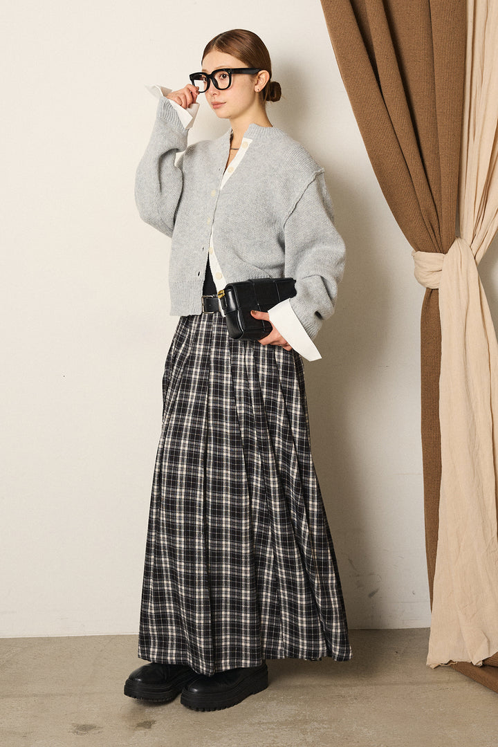 [SET]シャツドッキングニットカーディガン+ベルト付きタータンチェックプリーツスカート(2set)