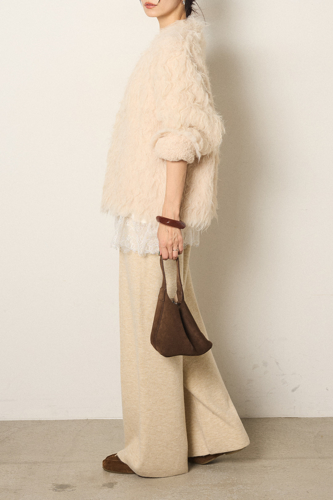 [SET]起毛シャギーニットカーディガン+センターラインニットパンツ+レース切り替えキャミソール(3set)