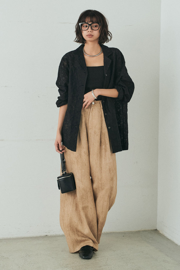 [SET]刺繍シアーオープンカラーシャツ+リネン混かすれ柄ワイドパンツ(2set)