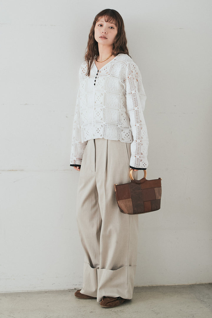 [SET]クロシェレースカーディガン+センタープレスセミワイドパンツ(2set)