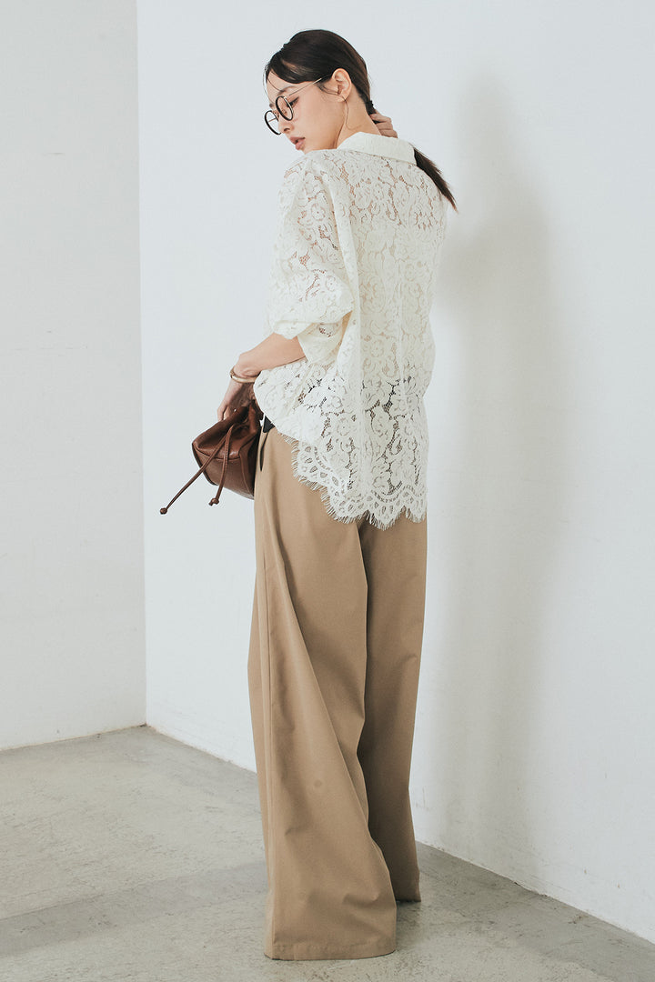 [SET]レース裾スカラップシャツ+ベルトループデザインハイウエストタックパンツ(2set)