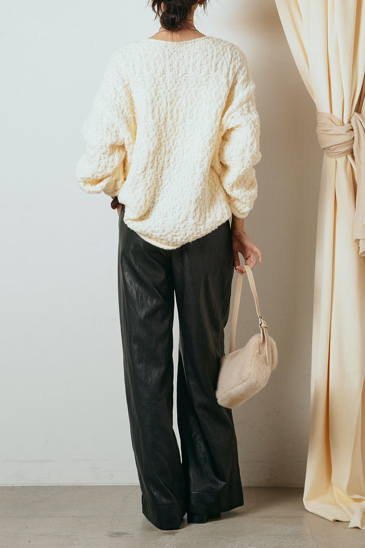 [SET]ボリューム編みニットプルオーバー+ベルト付きレザーライクタックパンツ(2set)