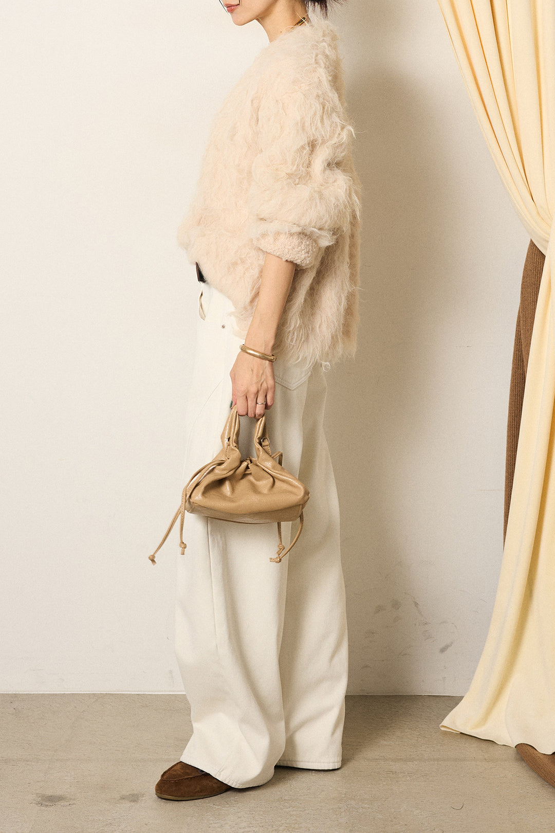 [SET]起毛シャギーニットカーディガン+ベルト付きカジュアルカーブワイドパンツ(2set)