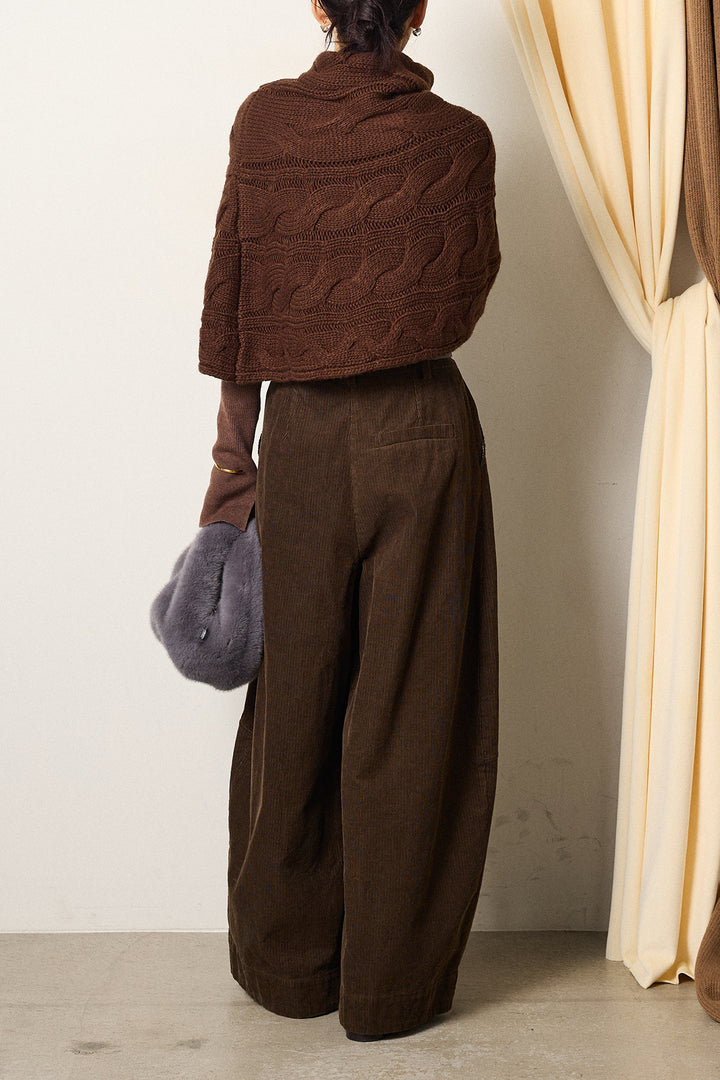 [SET]ケーブル編みケープレイヤードニット+タック入りコーデュロイワイドパンツ(2set)