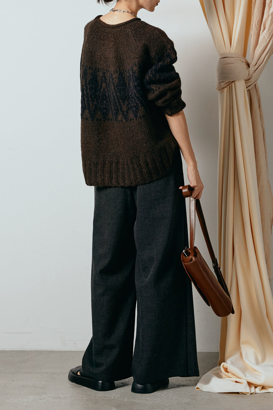 [SET]モノトーン柄ニットトップス+ラップ巻きワイドスラックス(2set)