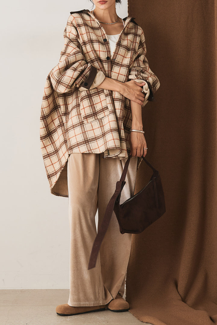 【即納】マルチチェックミディアム丈コート/ベージュ