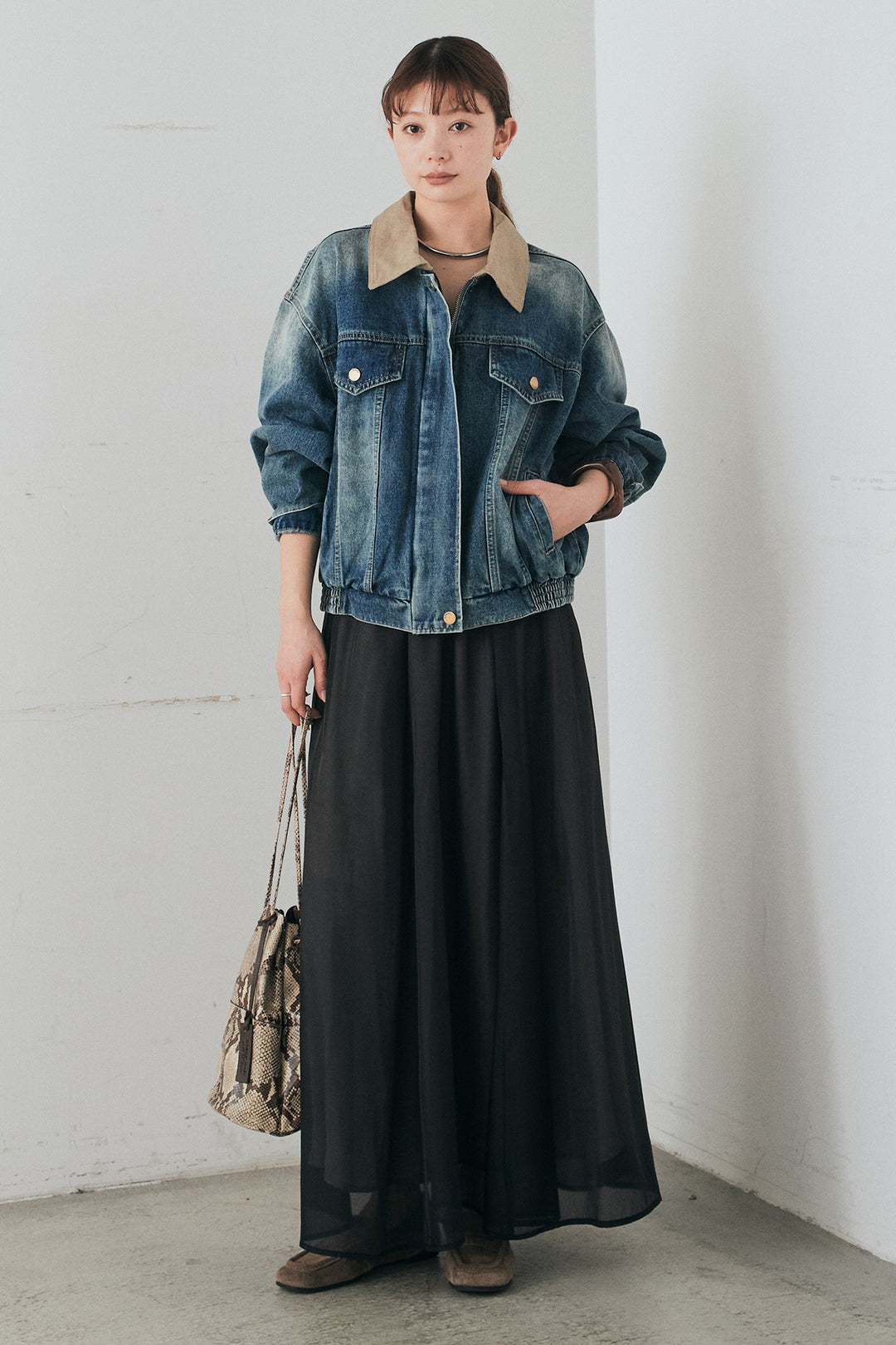 [SET]襟切り替えジップデニムジャケット+リラックスシアーフレアスカート(2set)