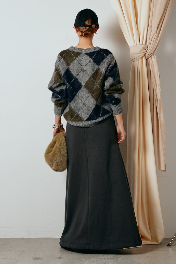 [SET]アクリルモヘアアーガイルVネックプルオーバー+裏起毛スウェットロングマキシスカート(2set)