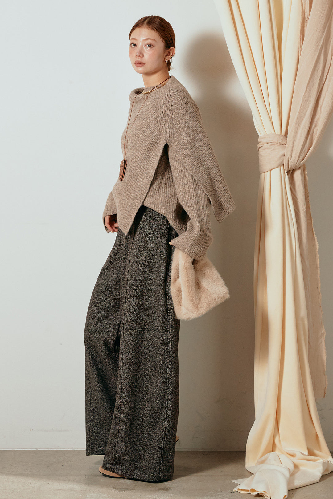 [SET]ケープデザインリブニットトップス+太ベルト付きツイードワイドパンツ(2set)