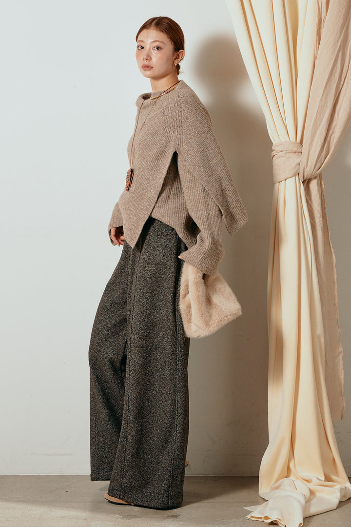 [SET]ケープデザインリブニットトップス+太ベルト付きツイードワイドパンツ(2set)