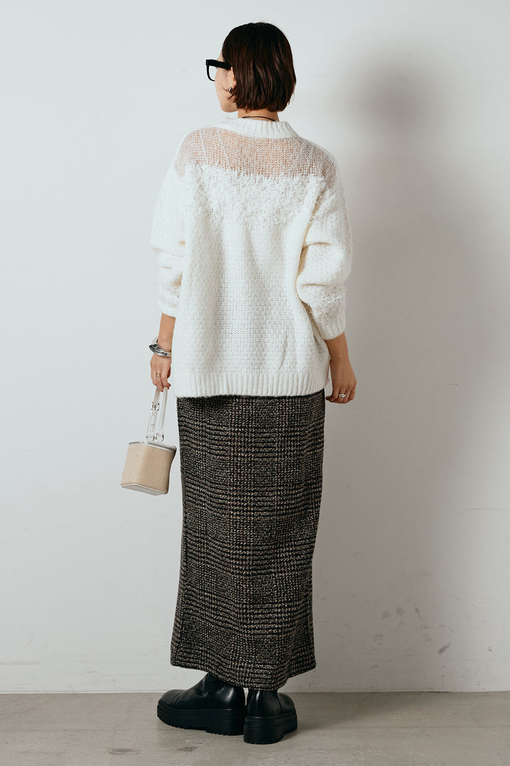 [SET]パターンランダム編みニットトップス+グレンチェック柄フロントジップタイトスカート(2set)