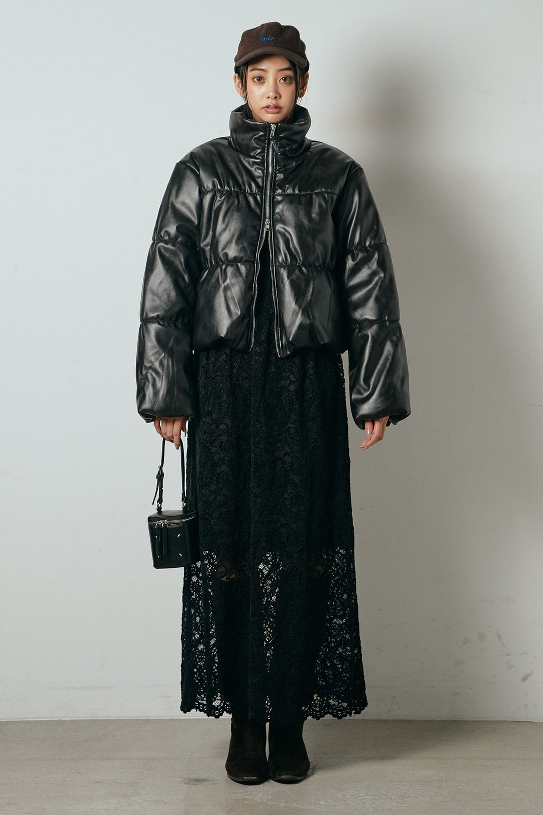 [SET]レザーライクWジップスタンドカラー中綿ブルゾン+総レース刺繍スカート(2set)