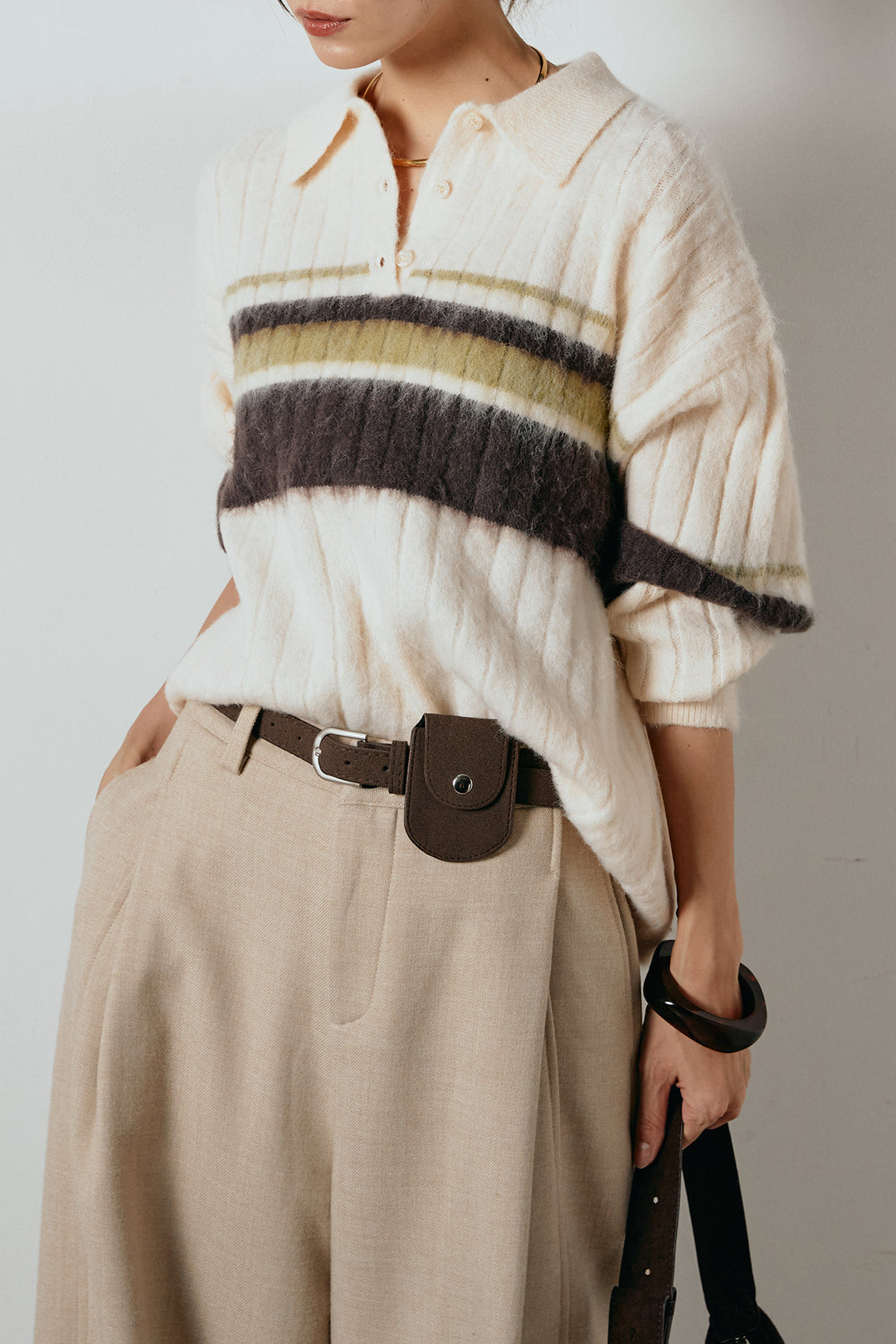 アルパカタッチボーダーポロニット/アイボリー