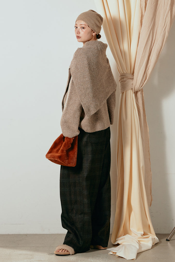[SET]ケープデザインリブニットトップス+タータンチェック柄タックパンツ(2set)