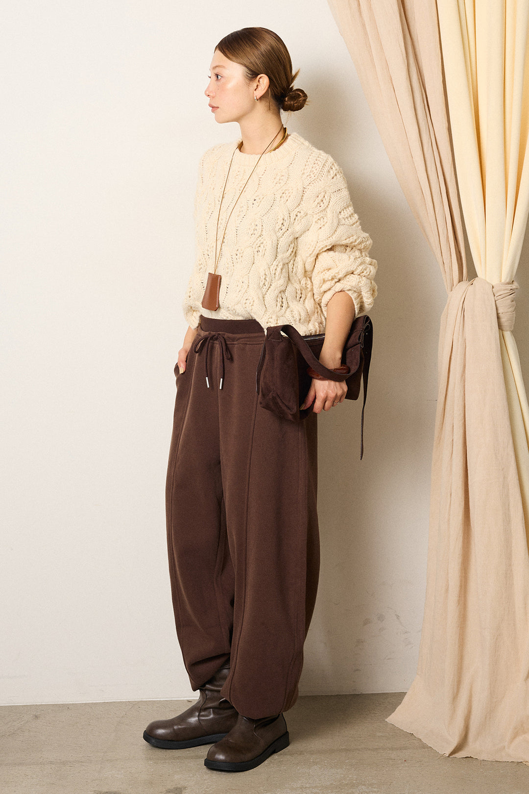[SET]ケーブルリラックスショートニット+スウェットワイドカーブパンツ(2set)