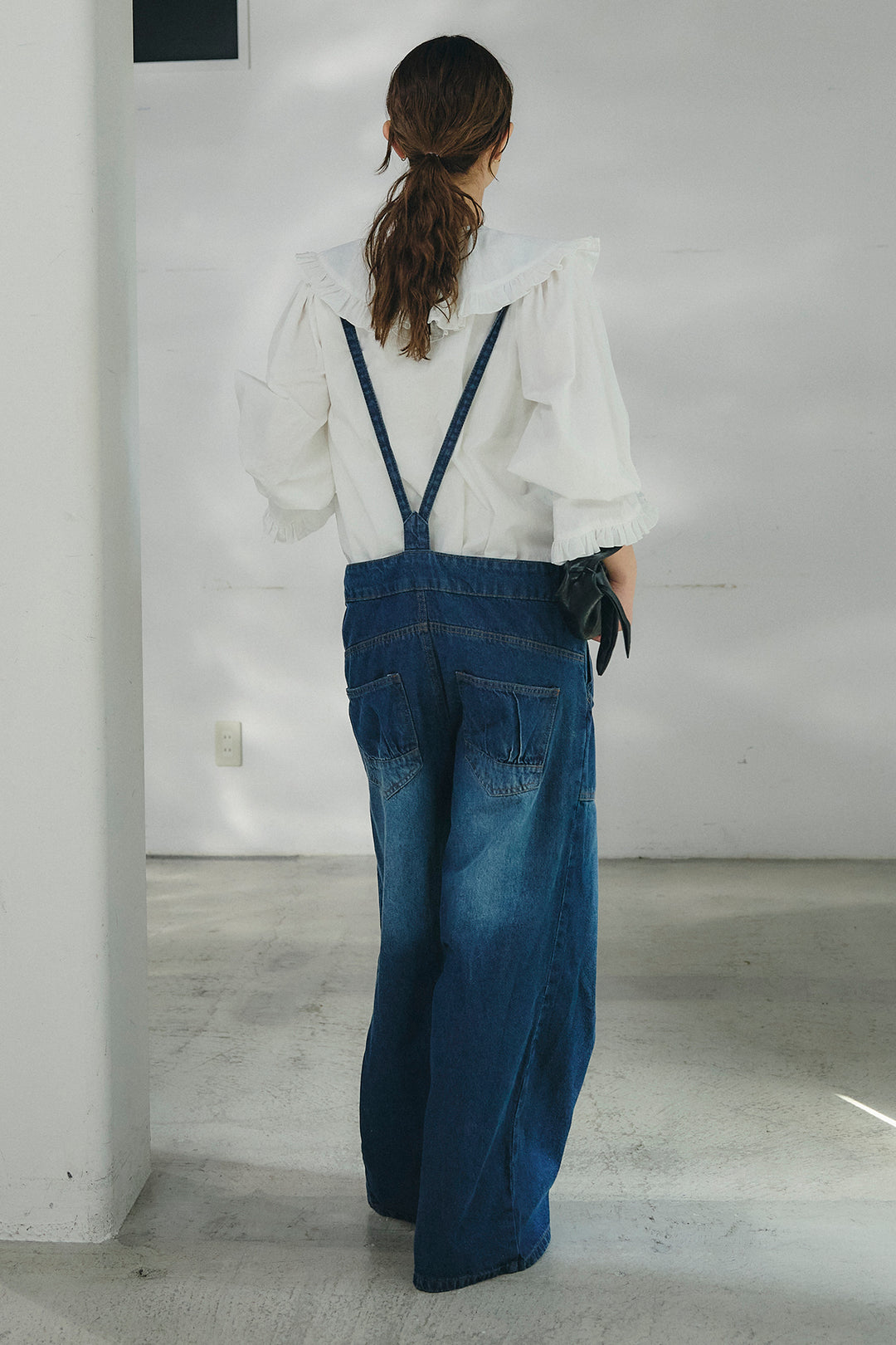 [SET]コットンフリルブラウス+デニムサロペットワイドパンツ(2set)