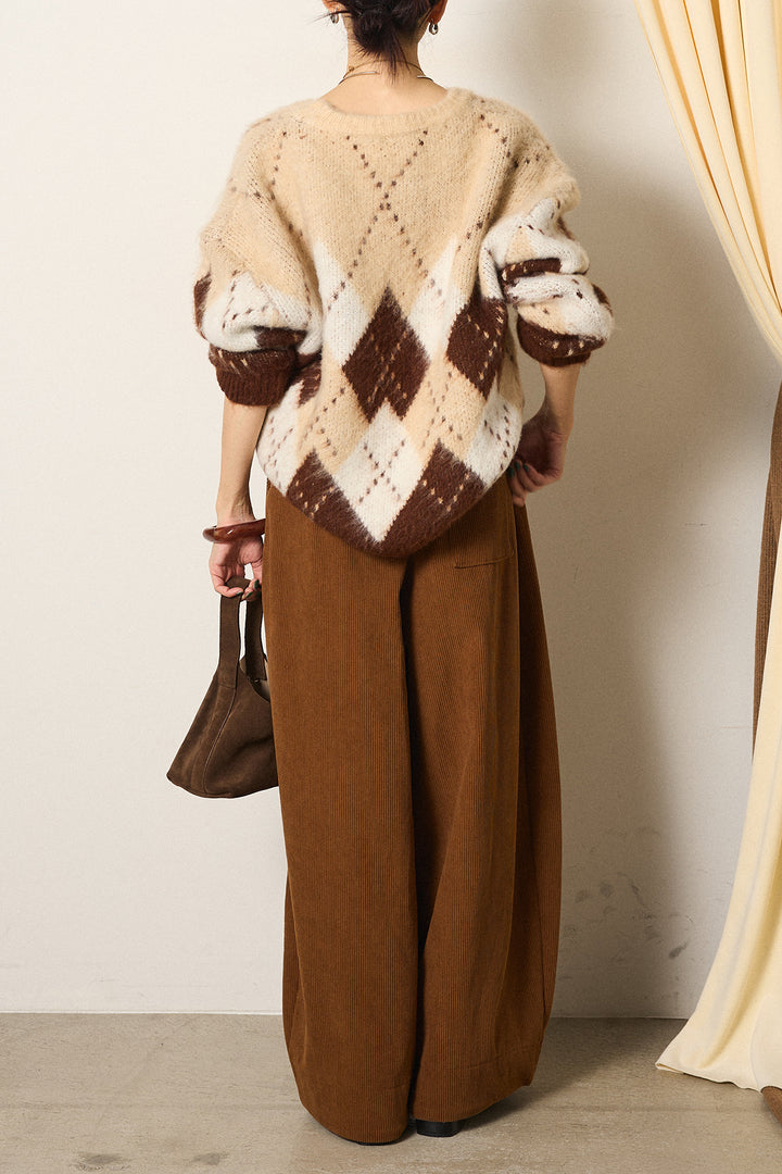 [SET]配色アーガイル柄ニットトップス+ベルト付きコーデュロイワイドパンツ(2set)