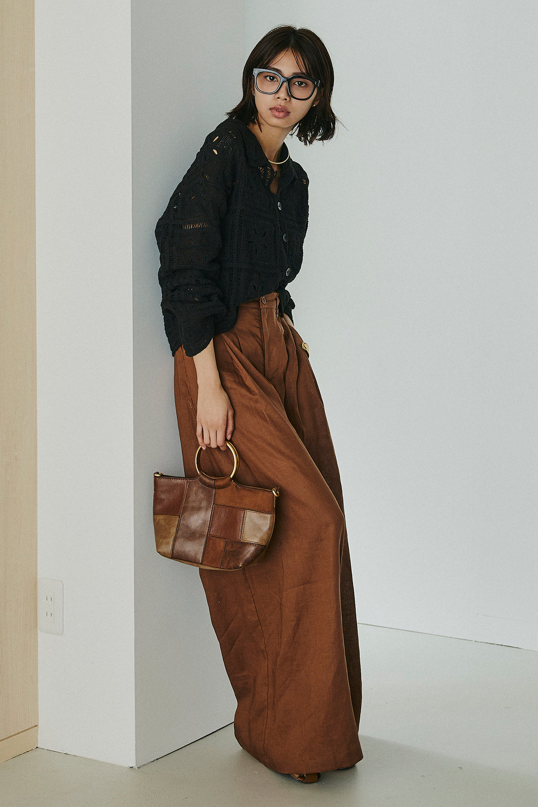 [SET]鍵編みフラワーレースカーディガン+タック入りワイドパンツ(2set)