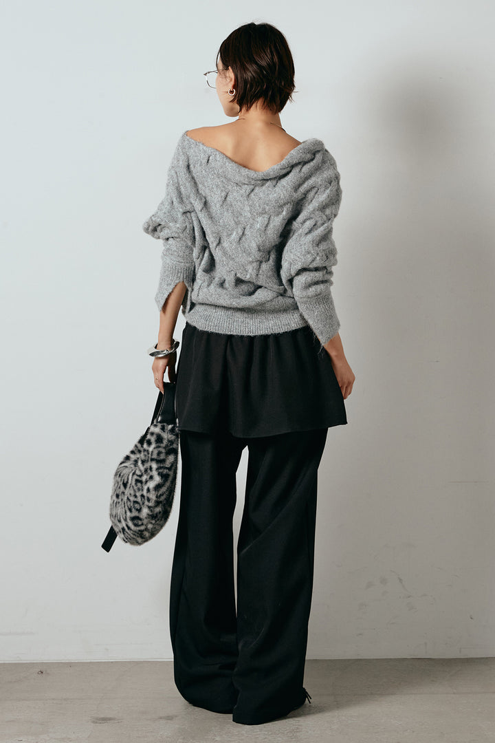 [SET]ボートネックニットトップス+ベルト付きウエストデザインパンツ(2set)