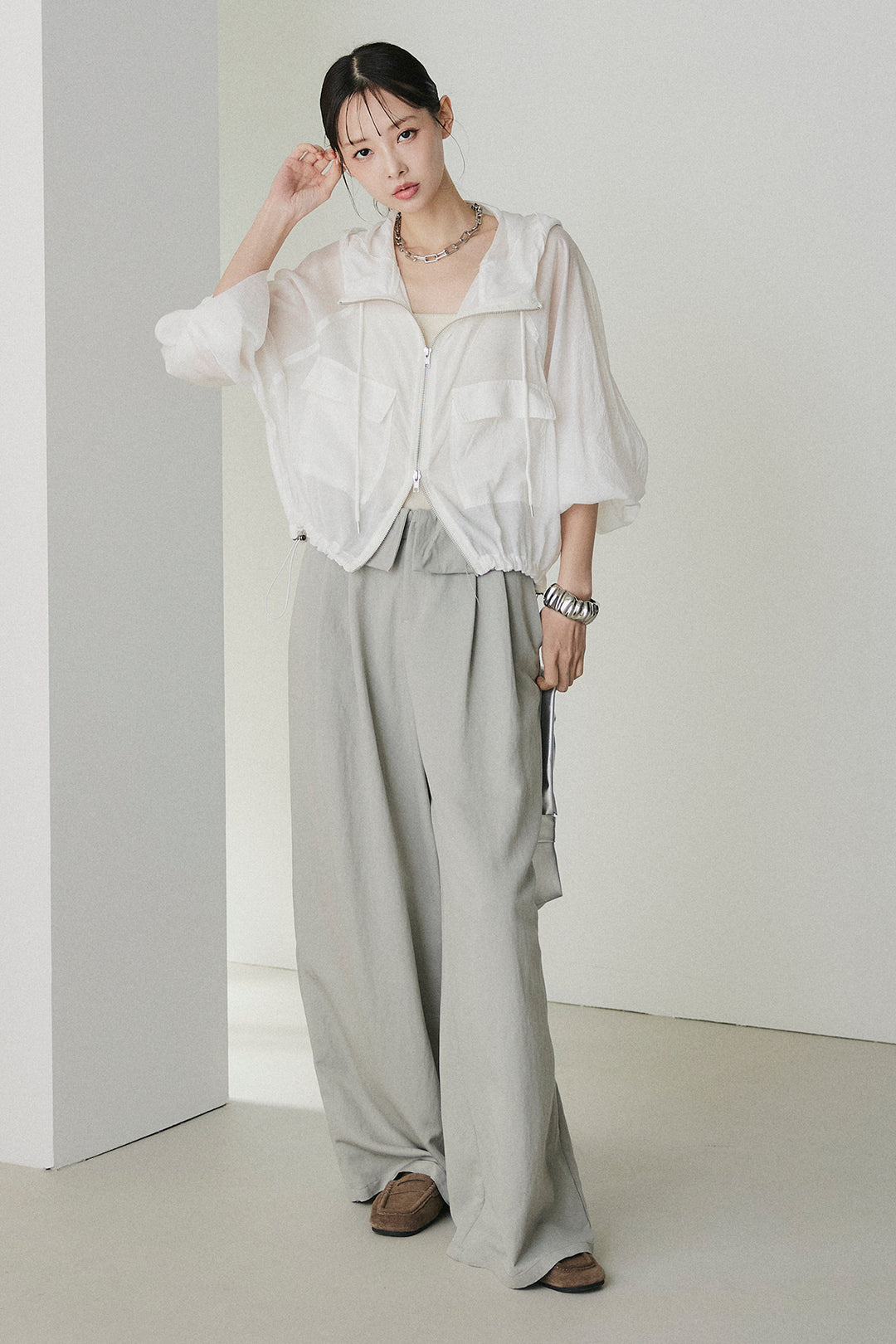 [SET]裾ドロストシアーWジップフーディーブルゾン+ウエスト折り返しワイドパンツ(2set)