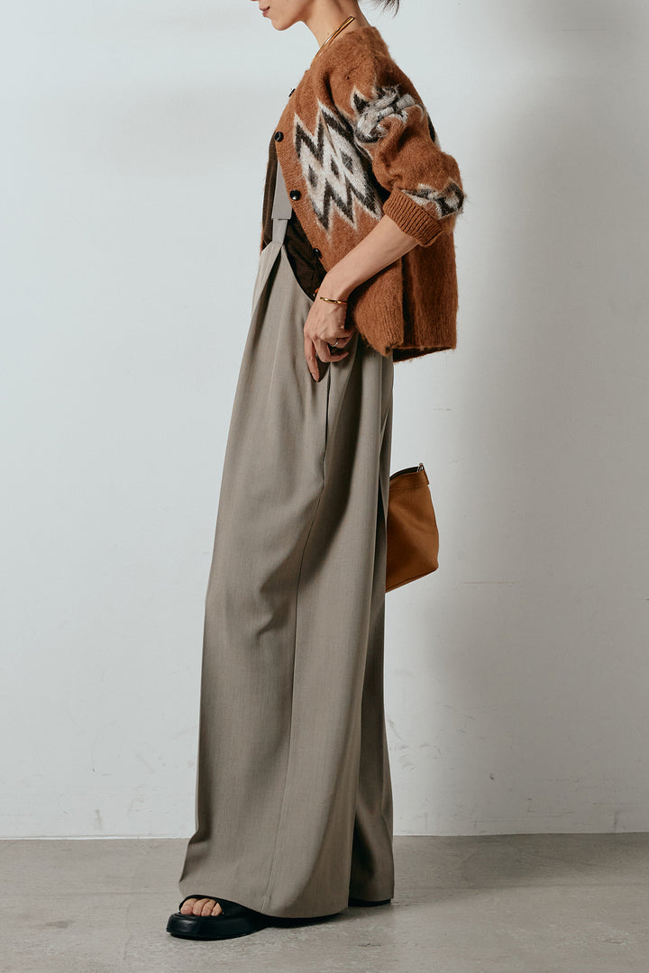 [SET]起毛ノルディック柄ニットカーディガン+ワイドツイルサロペット(2set)