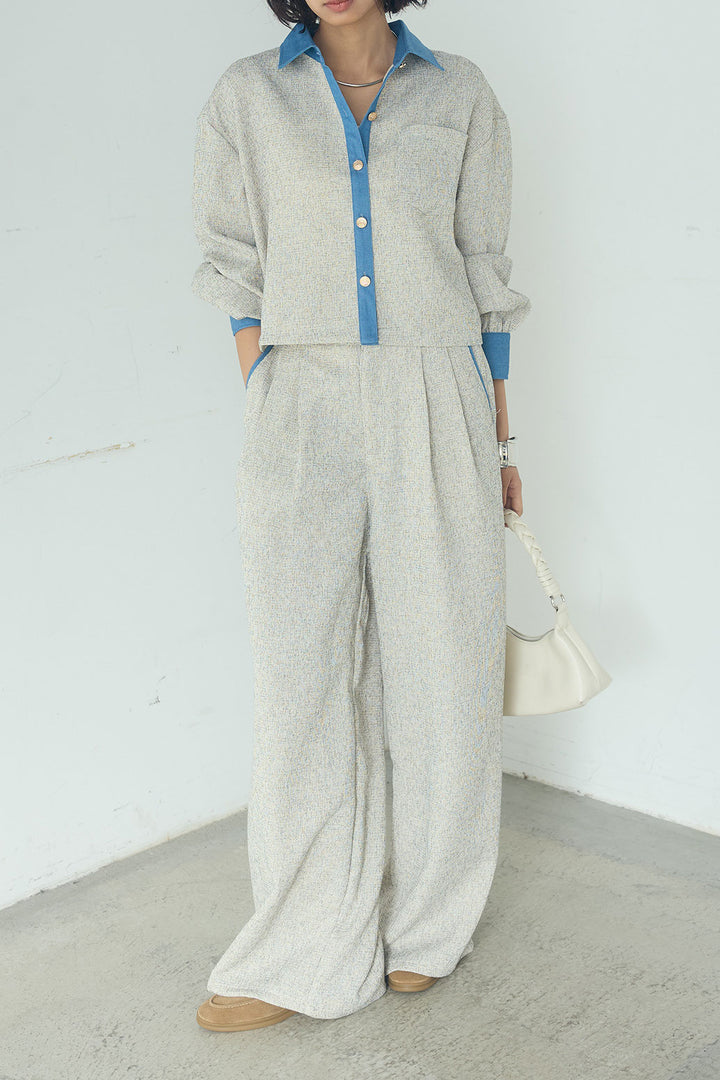 [SET]ツイード×デニムショート丈シャツ+ツイード×デニムハイウエストラインロングパンツ(2set)