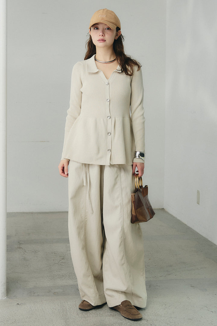 [SET]スキッパーペプラムニット+フェイクレザーカーブワイドパンツ(2set)